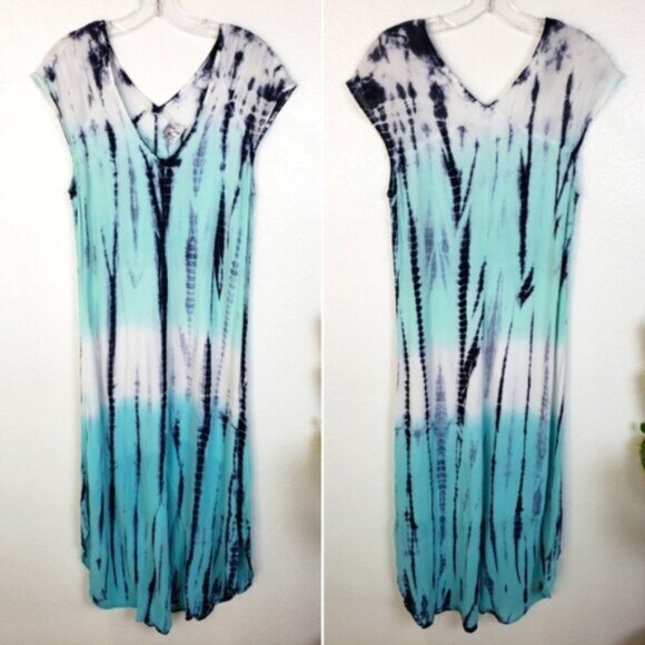 XCVI Mindset Maxi Dress Ombre Tie Dye Print Lagenlook size M Relaxed Resort Boho - Picture 2 of 11